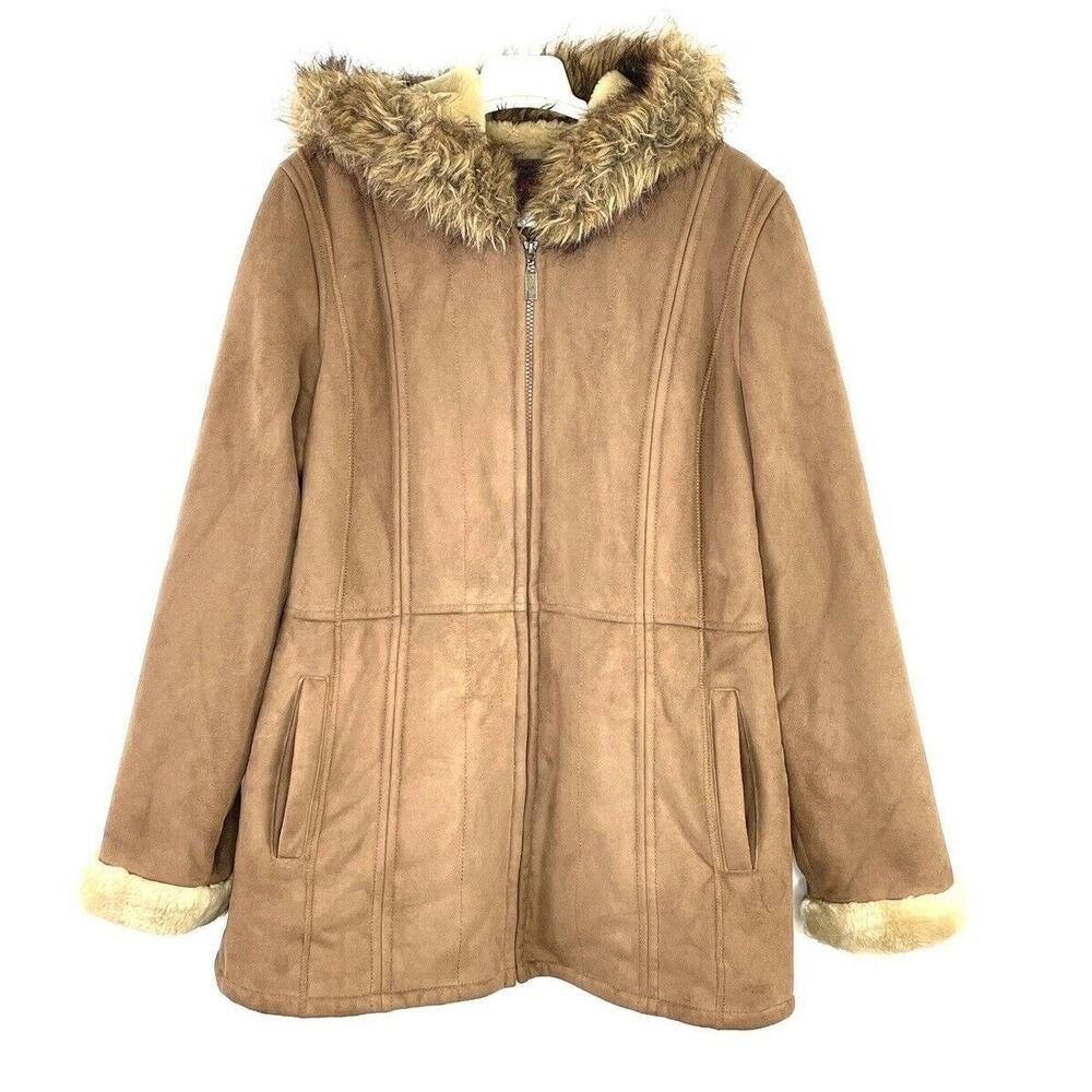 Gallery Women’s Jacket Faux Suede Leather Faux Fur Beige Size Large Hooded